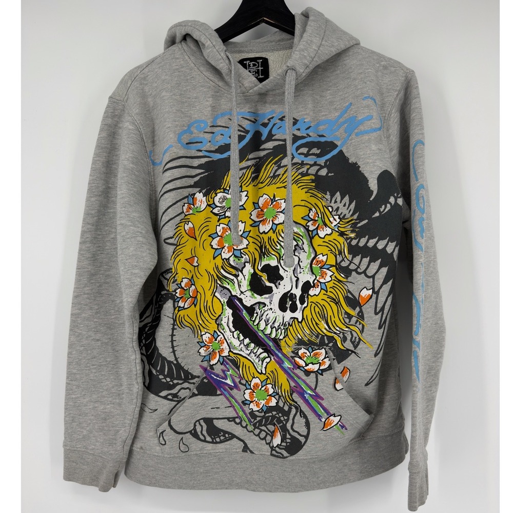 Ed Hardy Mens Gray Skull Floral Graphic Hoodie Sweatshirt Small Y2K Tattoo Art